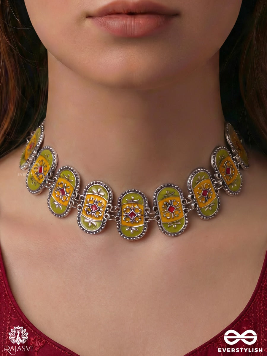 Lok Chitra - Oxidised Necklace With Folk Art Panels And Ornate Enamel Detailing