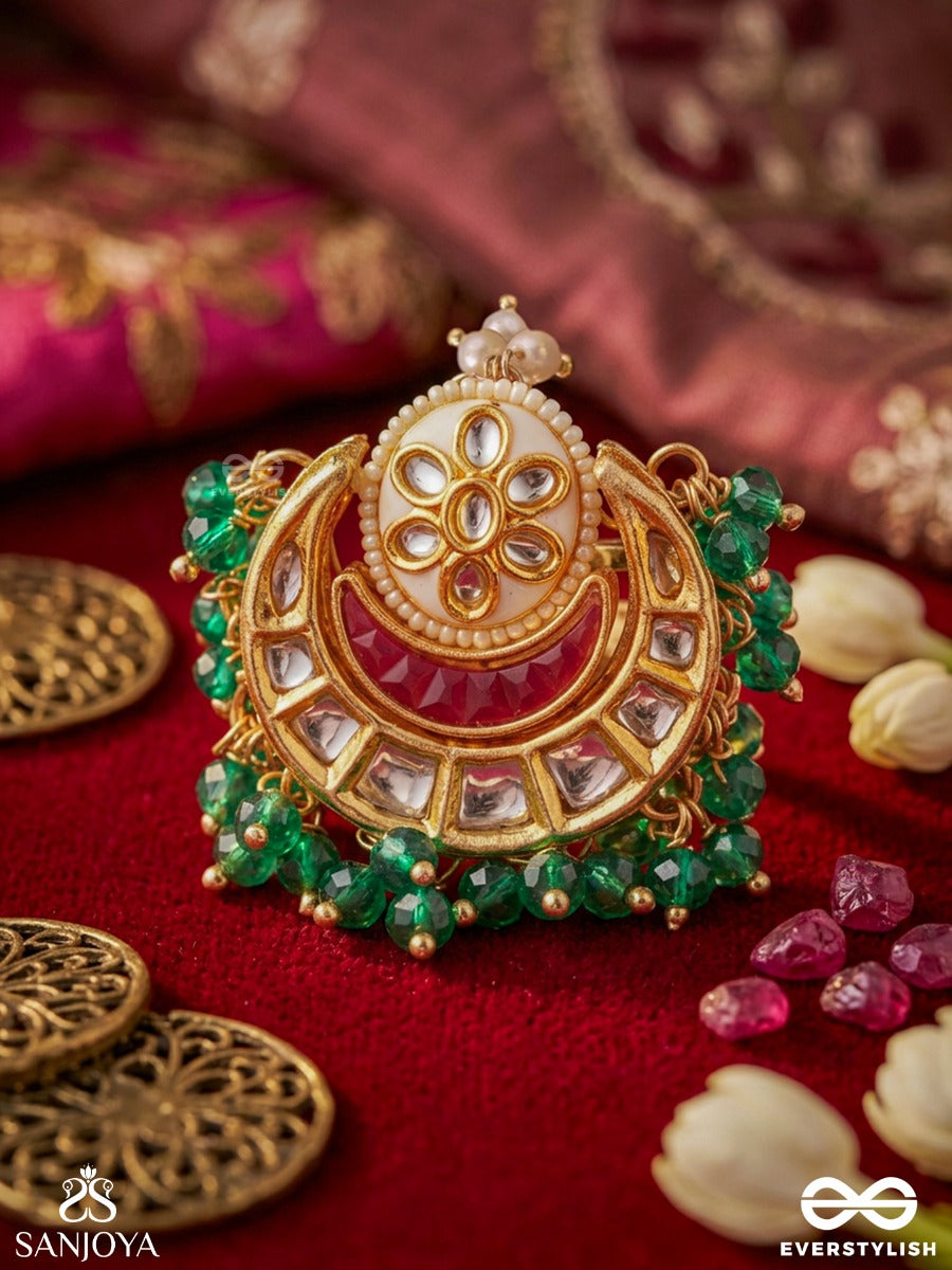 Haritindu – Green Moon – Ornate Ring With Crescent Detail, Mirror-Like Stonework, Green Bead Border And Pearl Accent
