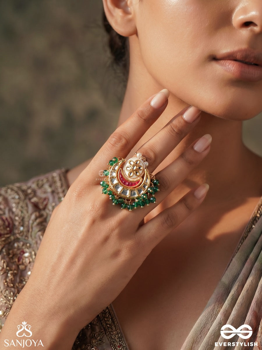 Haritindu – Green Moon – Ornate Ring With Crescent Detail, Mirror-Like Stonework, Green Bead Border And Pearl Accent