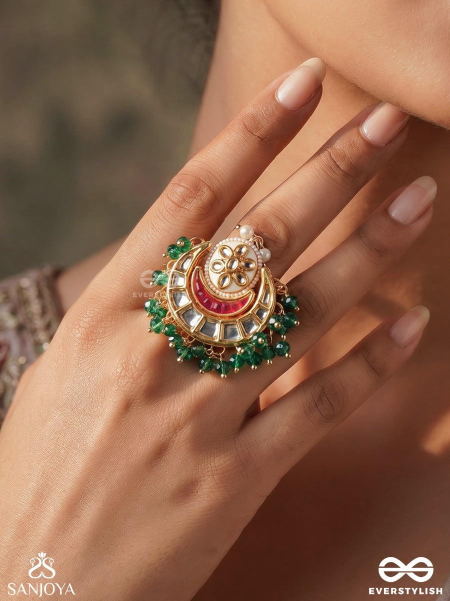 Haritindu – Green Moon – Ornate Ring With Crescent Detail, Mirror-Like Stonework, Green Bead Border And Pearl Accent