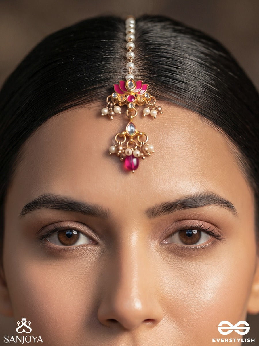 Kusumaira – Blossoming Charm – Delicate Maangtika With Floral Motif, Pink Center Detail, Pearl-Like Chainwork And Dainty Danglers