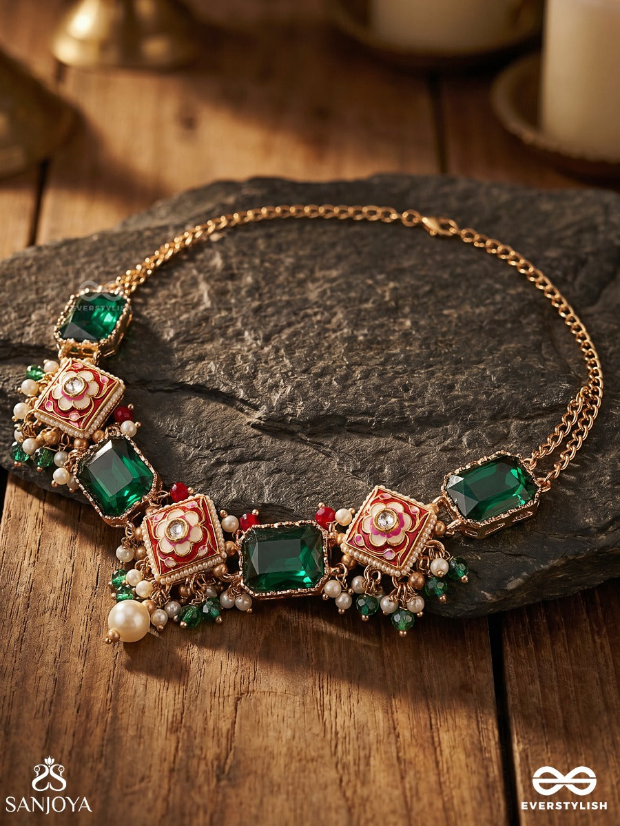 Mehrisha – Grace In Bloom – Festive Necklace With Green Gem Panels, Handpainted Floral Details And Colourful Drop Accents