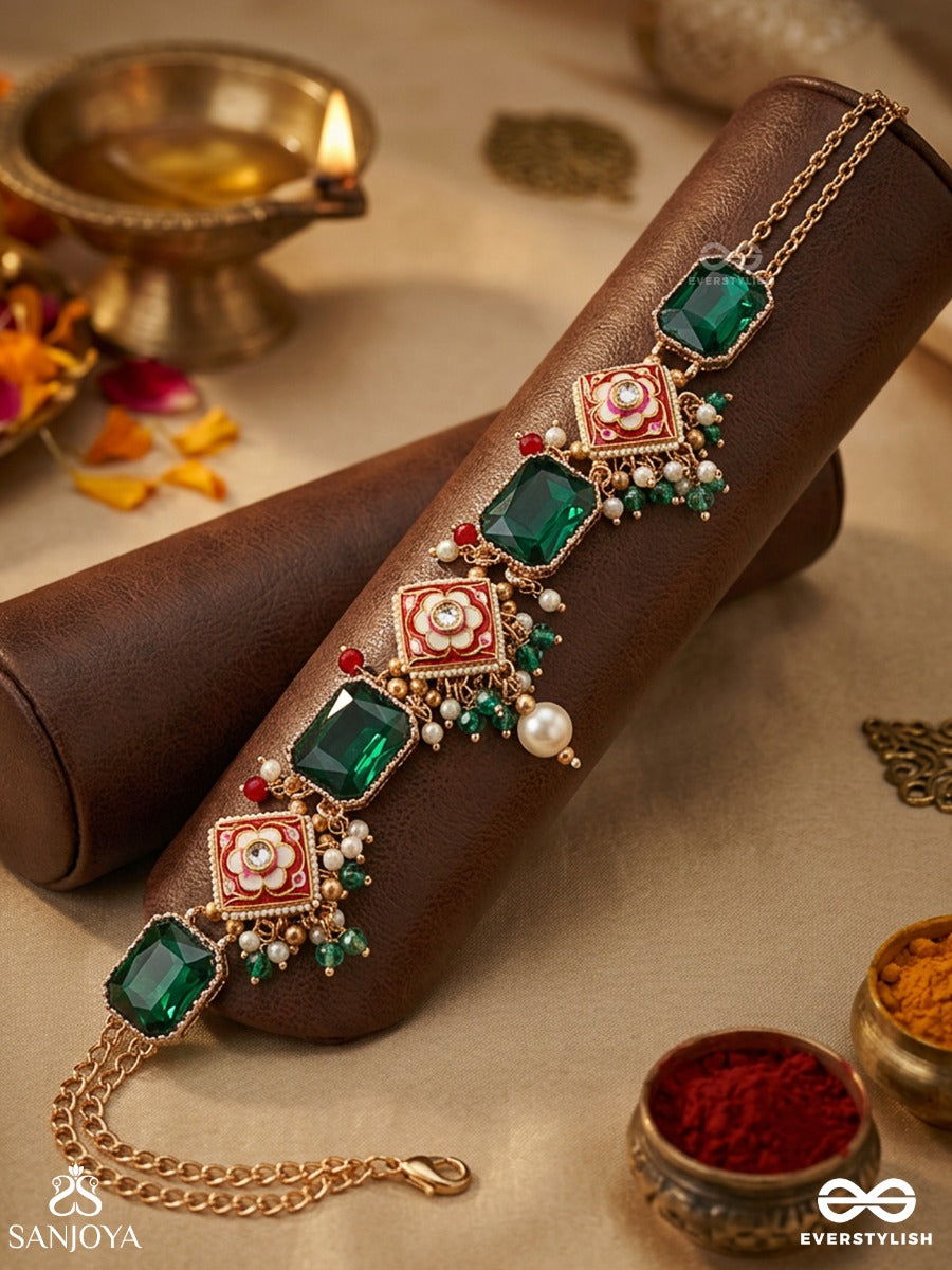 Mehrisha – Grace In Bloom – Festive Necklace With Green Gem Panels, Handpainted Floral Details And Colourful Drop Accents
