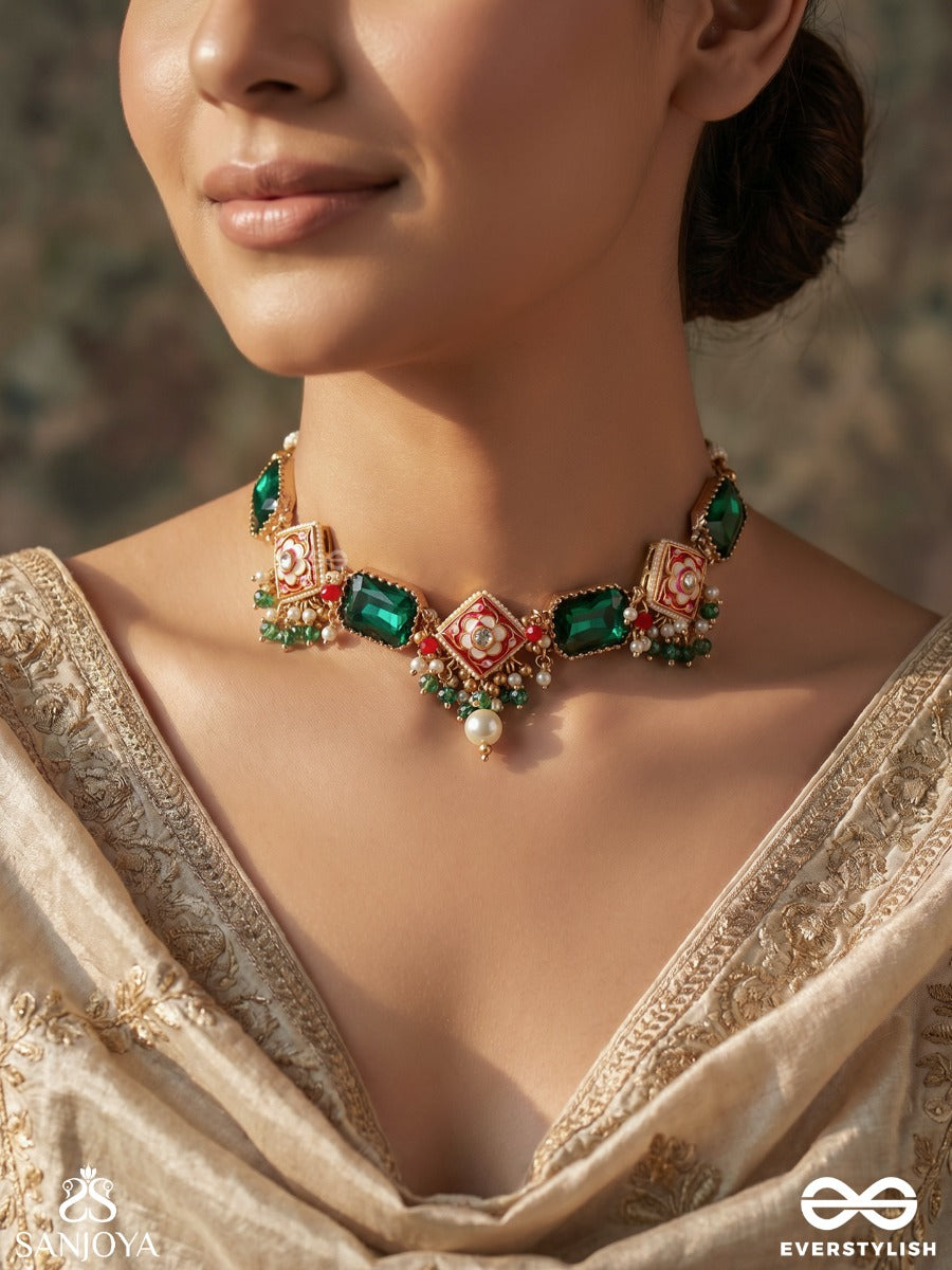 Mehrisha – Grace In Bloom – Festive Necklace With Green Gem Panels, Handpainted Floral Details And Colourful Drop Accents