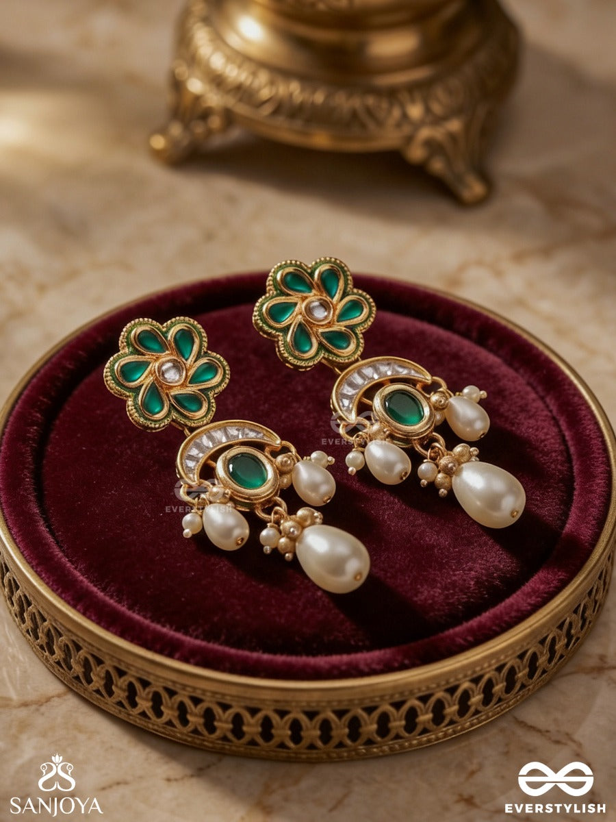 Hariphool – Green Bloom – Festive Earrings With Green Floral Top, Emerald-Toned Center Detail, Pearl Hangings And Single Drop Dangler