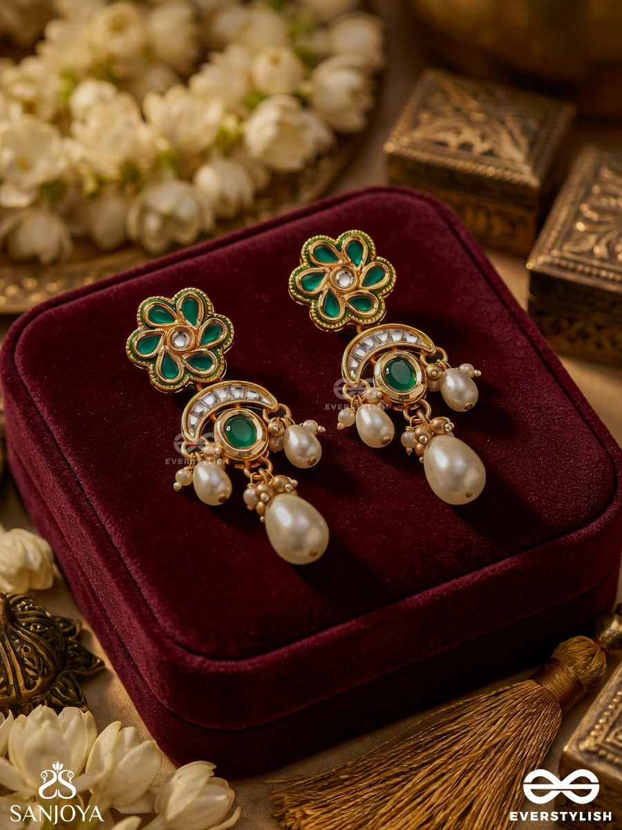 Hariphool – Green Bloom – Festive Earrings With Green Floral Top, Emerald-Toned Center Detail, Pearl Hangings And Single Drop Dangler