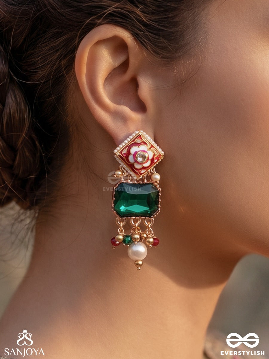 Mehrisha – Grace In Bloom – Ornate Earrings With Green Gem Center, Handpainted Floral Motif And Soft Dangling Bead Details