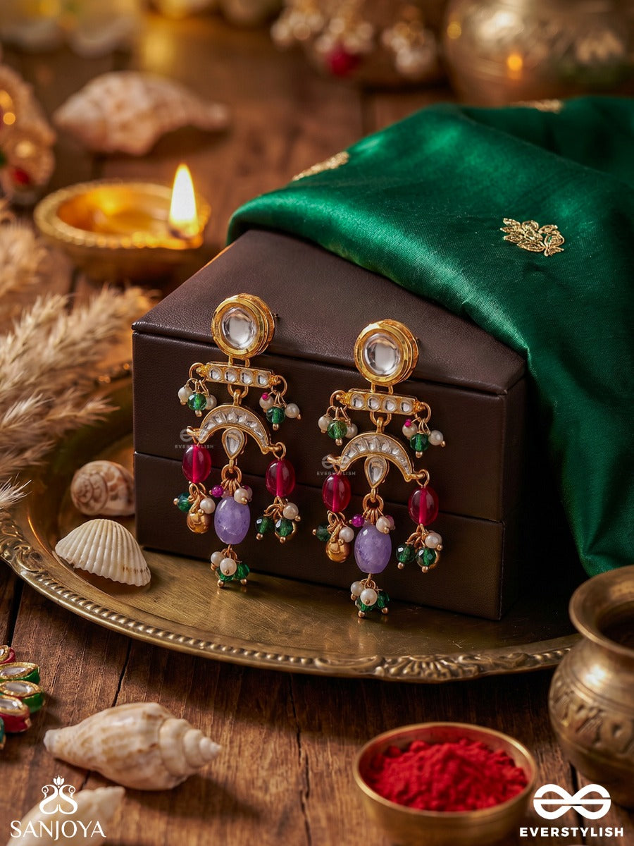 Rangchhavi – Coloured Allure – Festive Earrings With Round Mirror-Like Tops, Ornamental Arch Details And Multi-Colour Dangling Drop Accents
