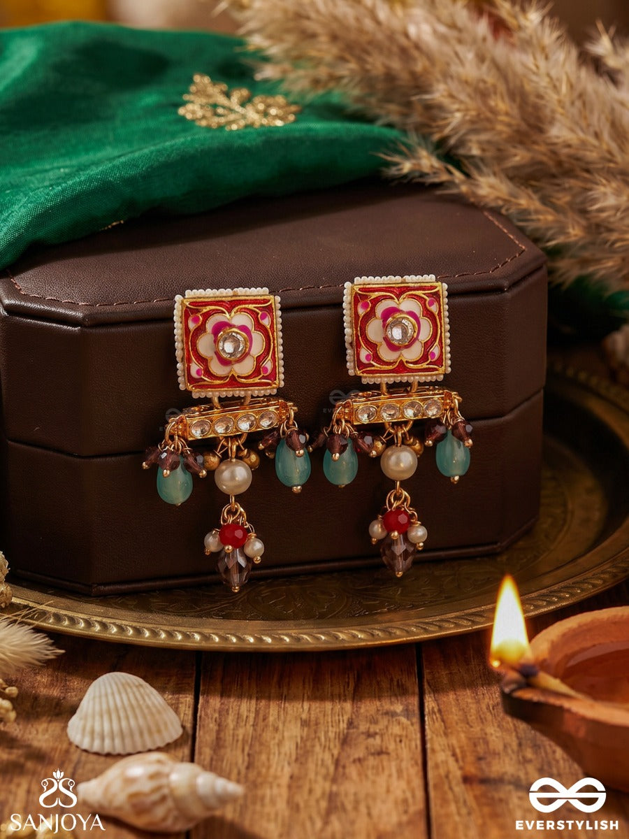 Varnisha – Coloured Elegance – Festive Earrings With Floral Square Top, Gold-Tone Detailing And Multi-Colour Dangling Bead Accents