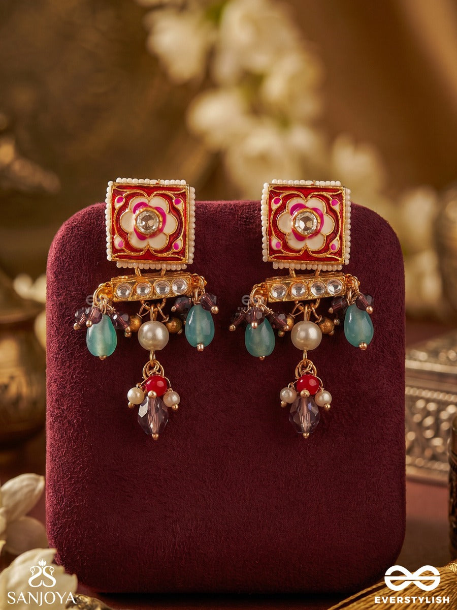 Varnisha – Coloured Elegance – Festive Earrings With Floral Square Top, Gold-Tone Detailing And Multi-Colour Dangling Bead Accents
