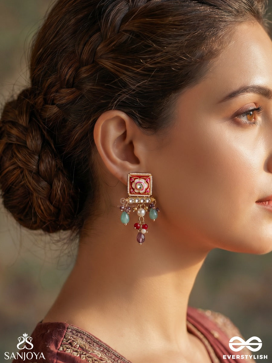 Varnisha – Coloured Elegance – Festive Earrings With Floral Square Top, Gold-Tone Detailing And Multi-Colour Dangling Bead Accents