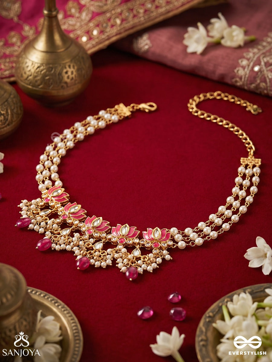 Kusumaira – Blossoming Charm – Elegant Necklace With Pearl-Lined Strands, Floral Centerpiece And Vibrant Pink Bead Accents