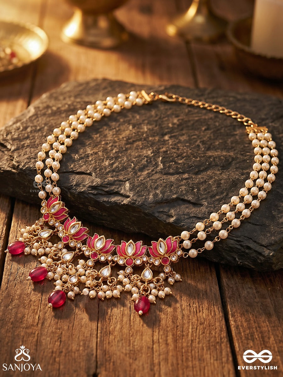 Kusumaira – Blossoming Charm – Elegant Necklace With Pearl-Lined Strands, Floral Centerpiece And Vibrant Pink Bead Accents