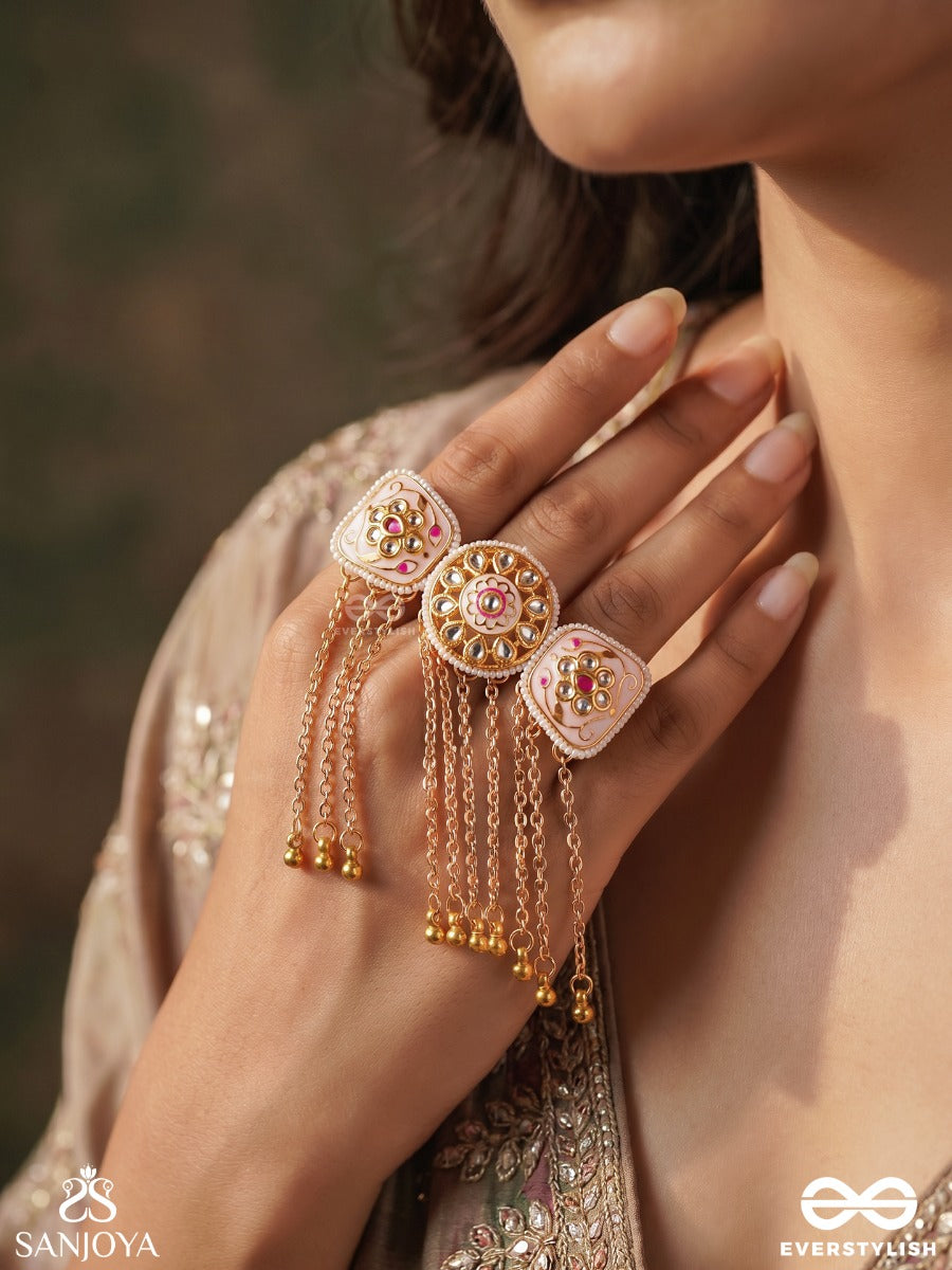Phulmani – Jewelled Flower – Ornate Ring With Round Floral Center Detail, Decorative Side Panels And Dangling Gold Chain Accents