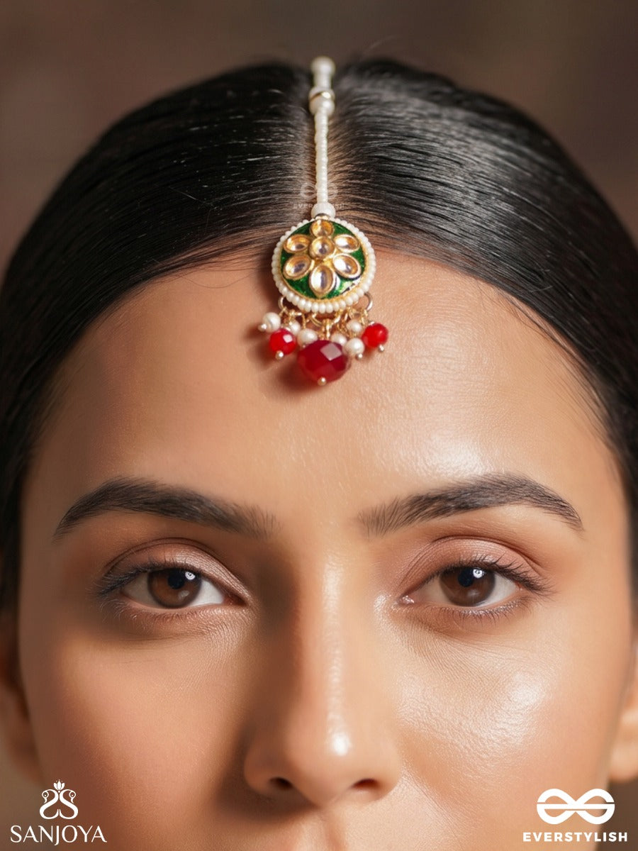 Tilahari – Verdant Forehead Adornment – Festive Maangtika With Round Floral Motif, Green Petal Design And Delicate Hanging Drop Details