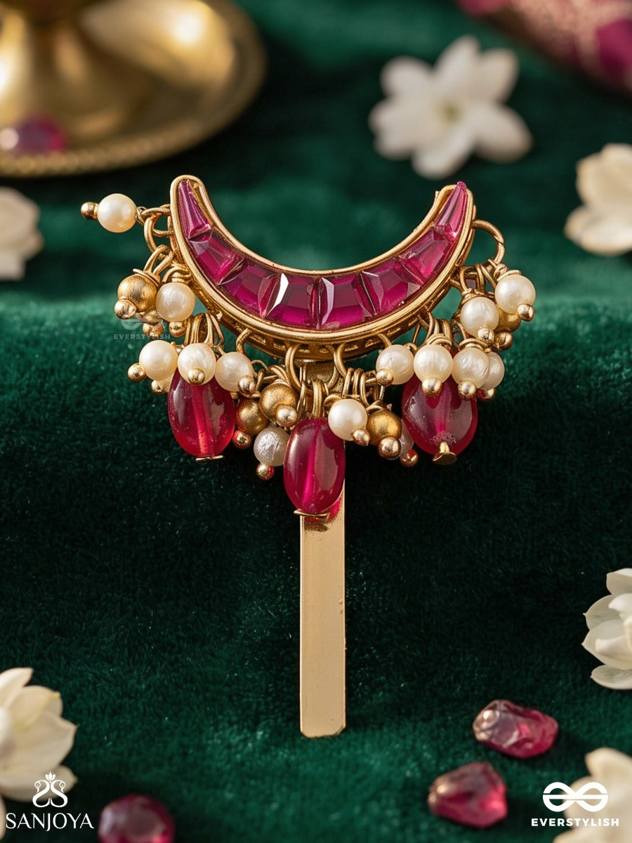 Rangindu – Coloured Moon – Ornate Hair Pin With Bright Pink Crescent Stones, Pearl Accents And Delicate Drop Details