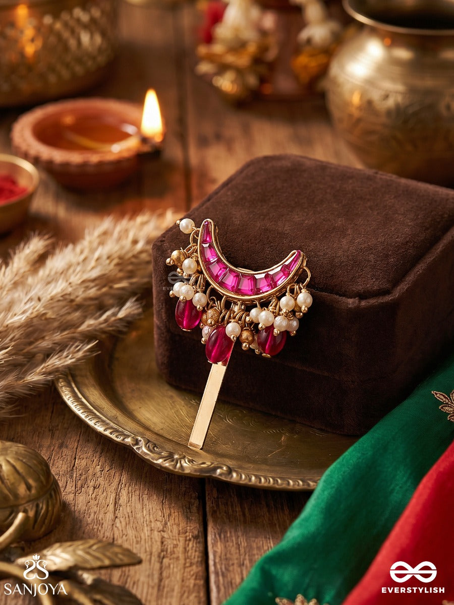Rangindu – Coloured Moon – Ornate Hair Pin With Bright Pink Crescent Stones, Pearl Accents And Delicate Drop Details