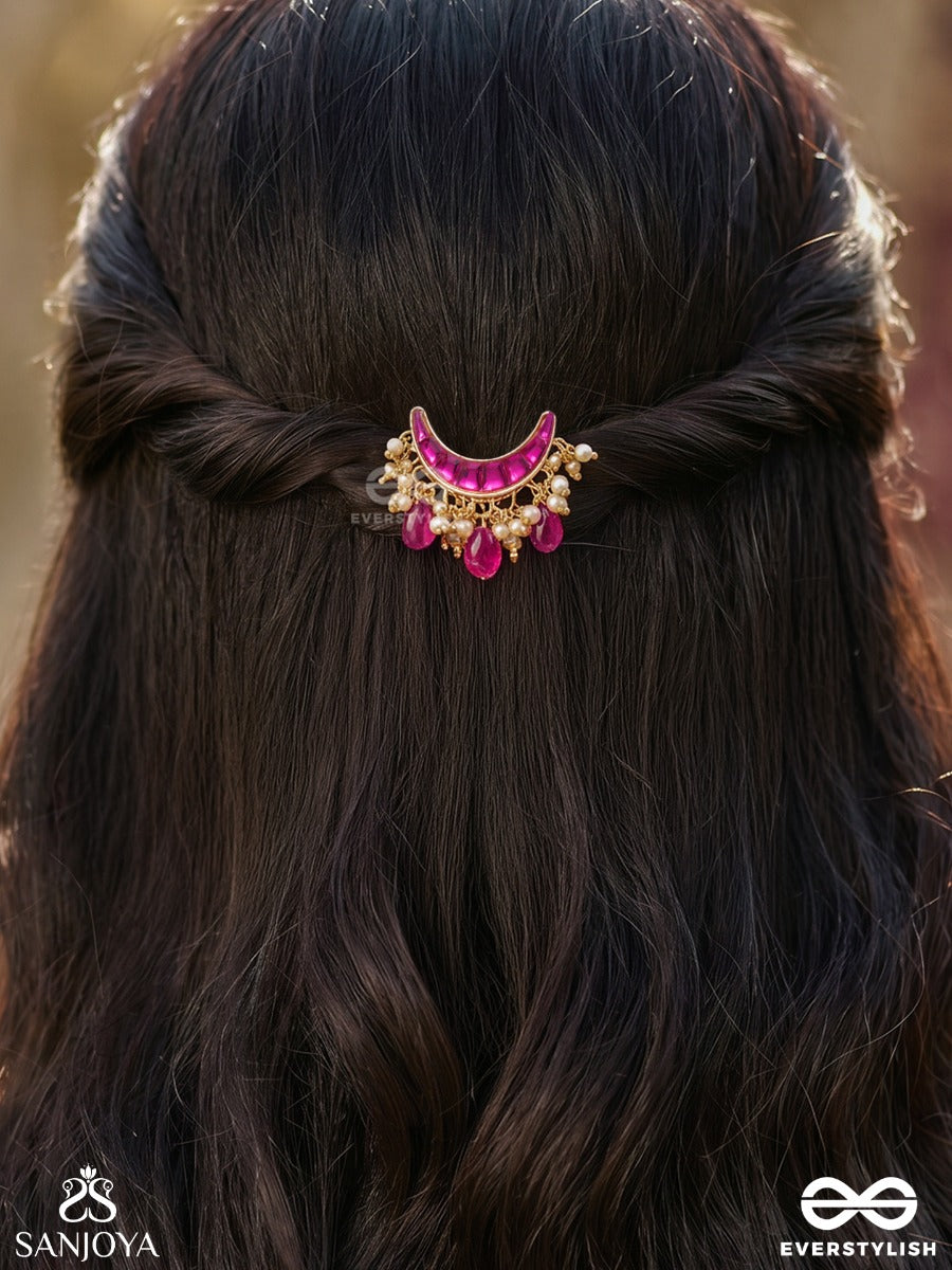 Rangindu – Coloured Moon – Ornate Hair Pin With Bright Pink Crescent Stones, Pearl Accents And Delicate Drop Details