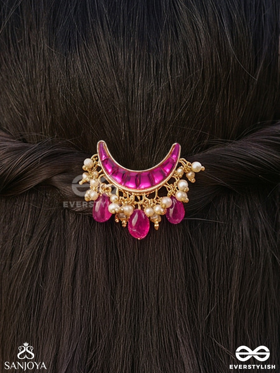 Rangindu – Coloured Moon – Ornate Hair Pin With Bright Pink Crescent Stones, Pearl Accents And Delicate Drop Details