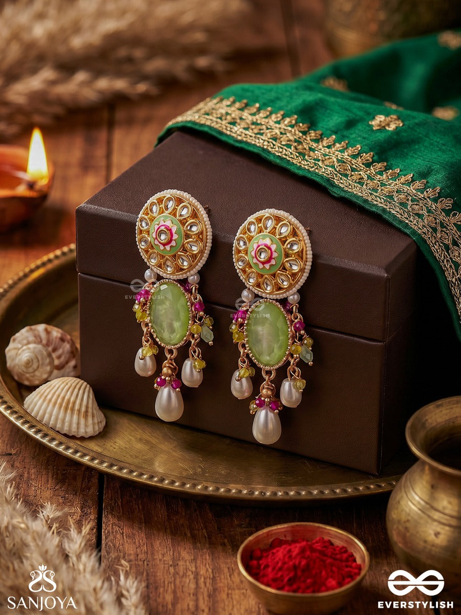 Amralekha – Trace Of Amber – Elegant Earrings With Green Oval Center, Ornamental Round Top And Soft Pearl Hangings