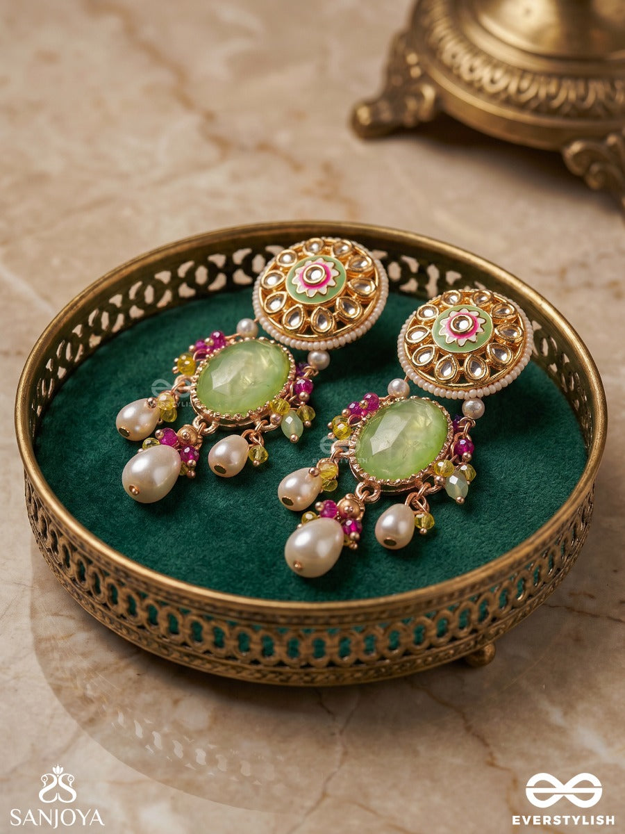 Amralekha – Trace Of Amber – Elegant Earrings With Green Oval Center, Ornamental Round Top And Soft Pearl Hangings