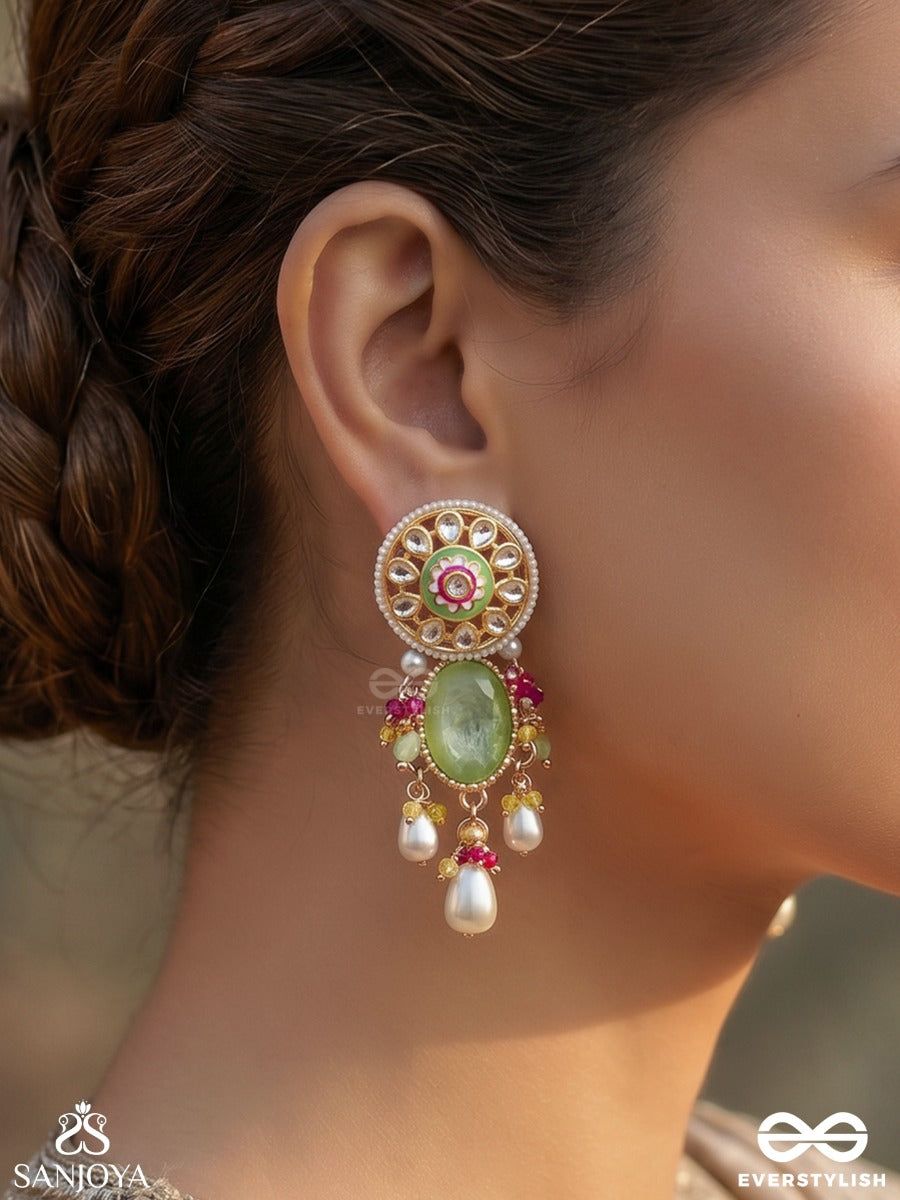 Amralekha – Trace Of Amber – Elegant Earrings With Green Oval Center, Ornamental Round Top And Soft Pearl Hangings