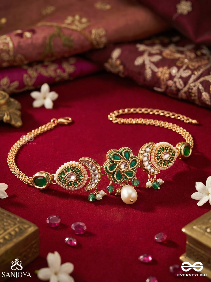 Hariphool – Green Bloom – Delicate Choker With Green Stone Links, Floral Center Detail, Pearl Accents And Gold-Tone Chain Finish