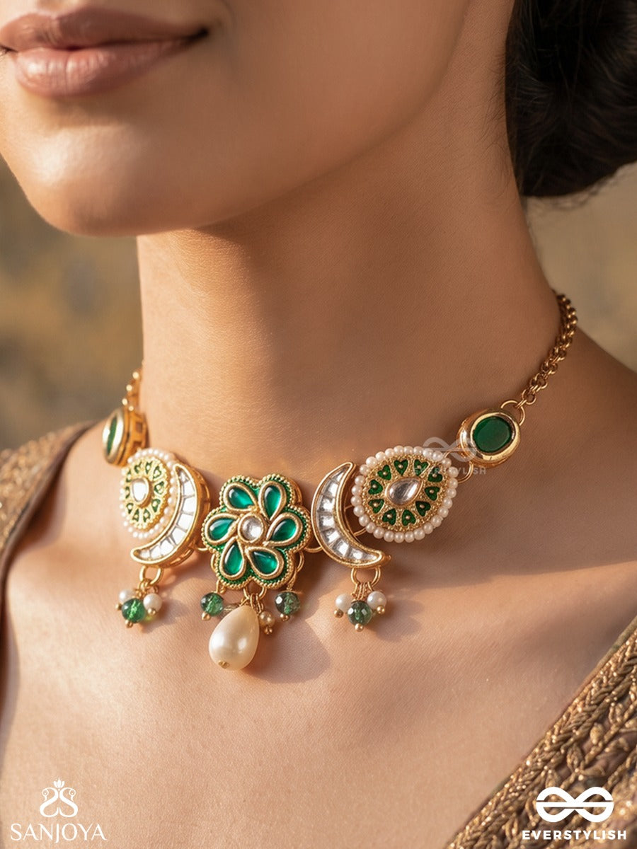 Hariphool – Green Bloom – Delicate Choker With Green Stone Links, Floral Center Detail, Pearl Accents And Gold-Tone Chain Finish