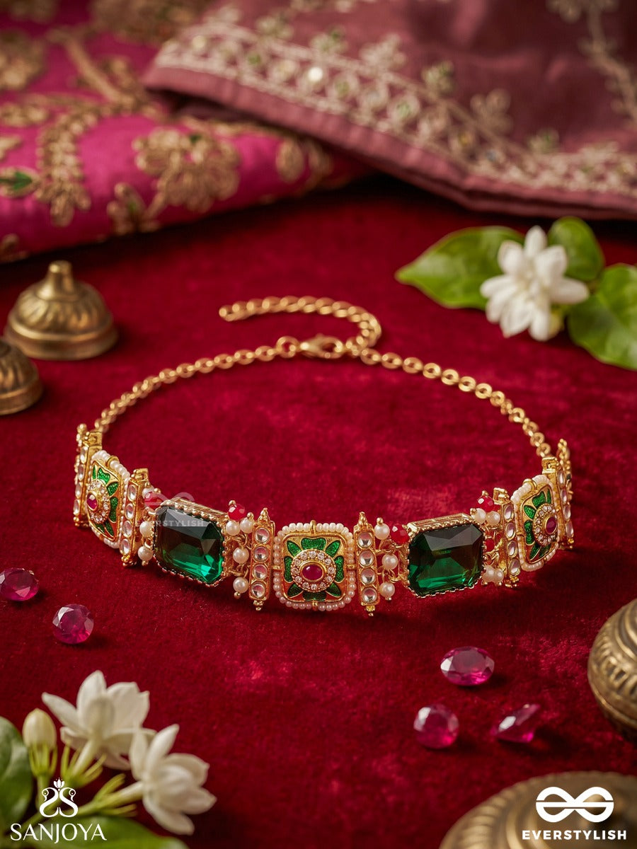 Mehrazia – Radiant Bloom – Traditional Choker With Emerald-Coloured Stones, Handpainted Floral Motifs And Refined Chain Strands