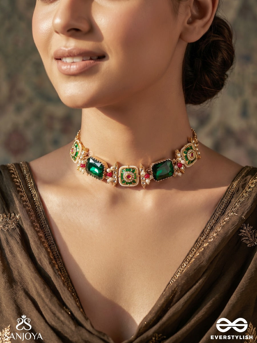 Mehrazia – Radiant Bloom – Traditional Choker With Emerald-Coloured Stones, Handpainted Floral Motifs And Refined Chain Strands