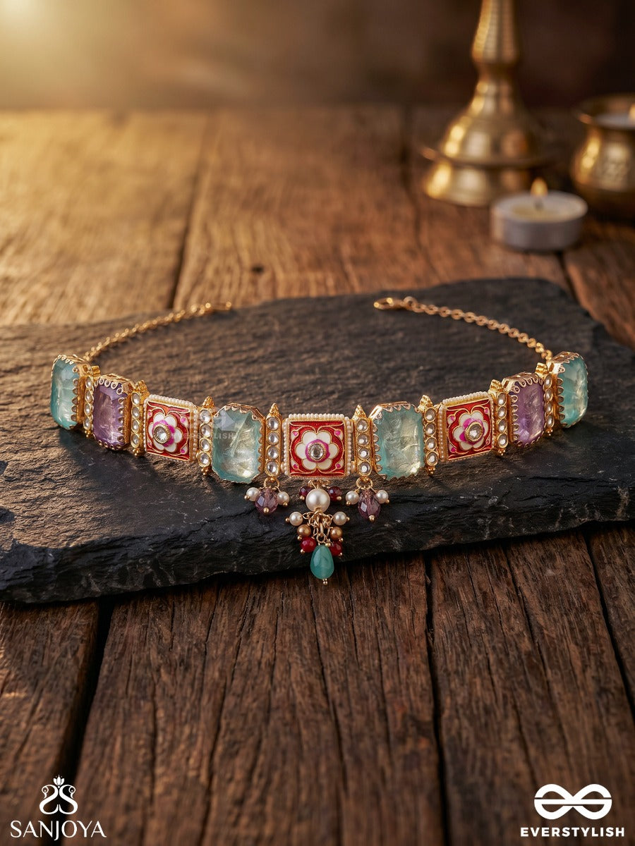 Varnisha – Coloured Elegance – Ornate Necklace With Pastel Rectangular Stone Links, Floral Square Motifs And Delicate Multi-Colour Bead Accents