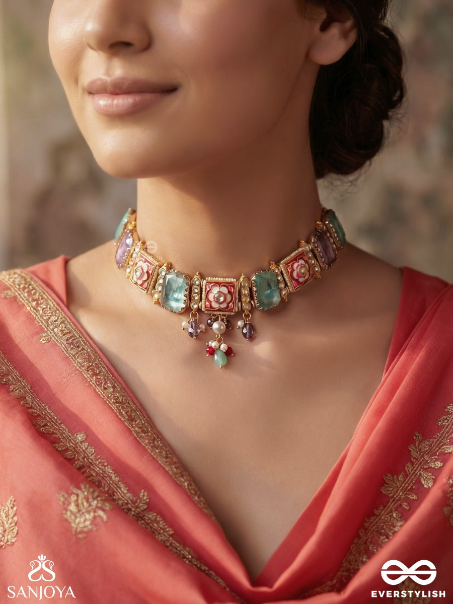 Varnisha – Coloured Elegance – Ornate Necklace With Pastel Rectangular Stone Links, Floral Square Motifs And Delicate Multi-Colour Bead Accents