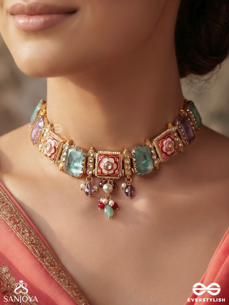Varnisha – Coloured Elegance – Ornate Necklace With Pastel Rectangular Stone Links, Floral Square Motifs And Delicate Multi-Colour Bead Accents