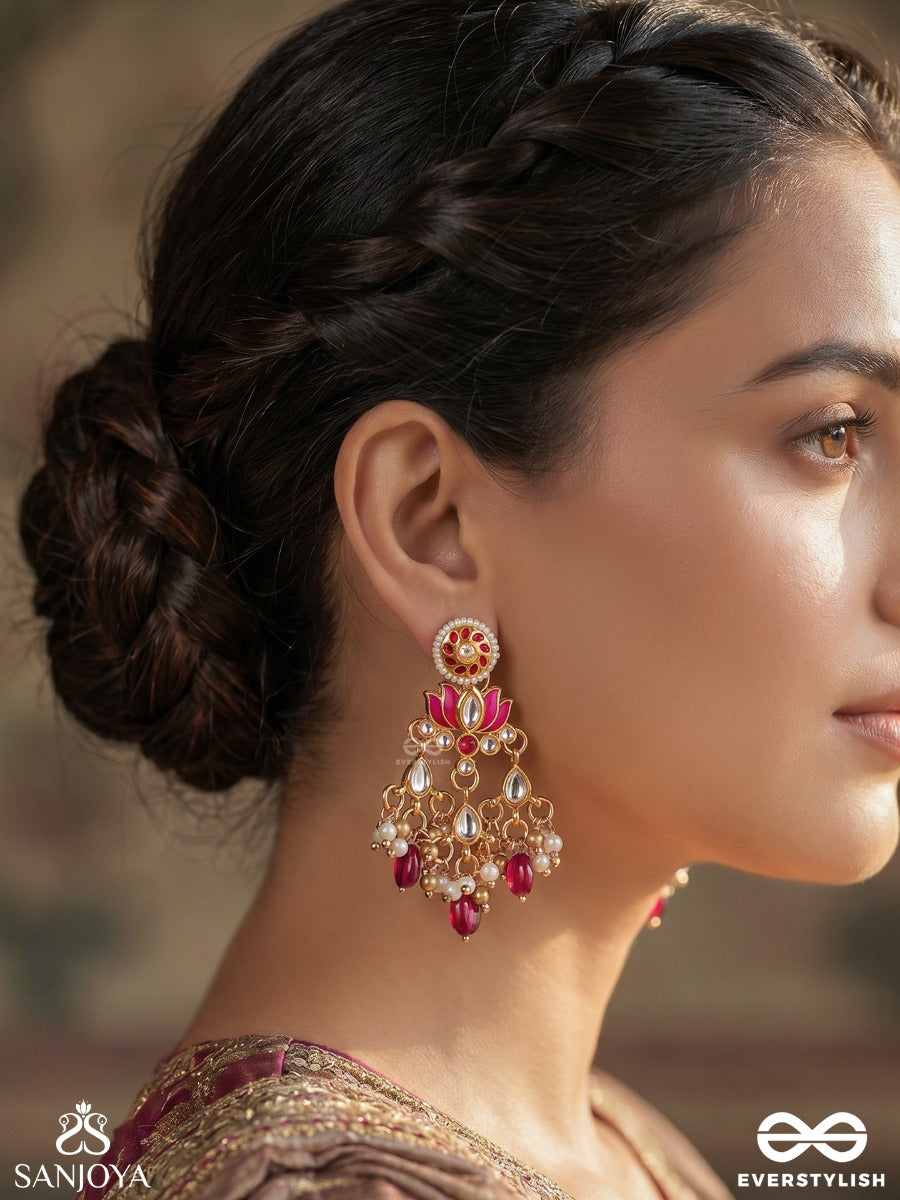 Kusumaira – Blossoming Charm – Festive Earrings With Floral Top Motif, Pink Center Detail, Pearl Cluster Hangings And Dainty Red Bead Danglers