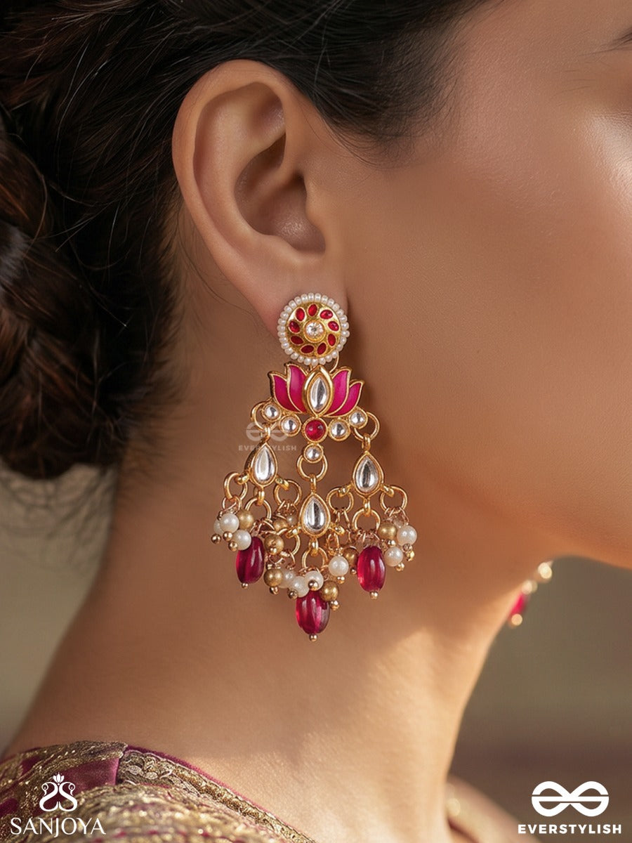 Kusumaira – Blossoming Charm – Festive Earrings With Floral Top Motif, Pink Center Detail, Pearl Cluster Hangings And Dainty Red Bead Danglers