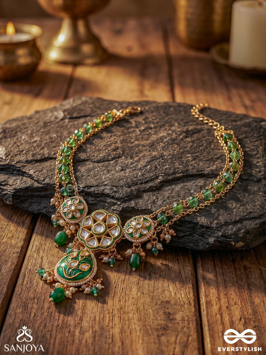 Pannalekha – Emerald Trace – Festive Necklace With Green Stone-Lined Strands, Ornate Round Center Motifs, Dangling Green Bead Accents And Delicate Gold-Tone Chain Detailing