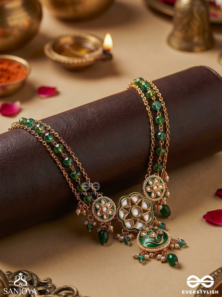 Pannalekha – Emerald Trace – Festive Necklace With Green Stone-Lined Strands, Ornate Round Center Motifs, Dangling Green Bead Accents And Delicate Gold-Tone Chain Detailing