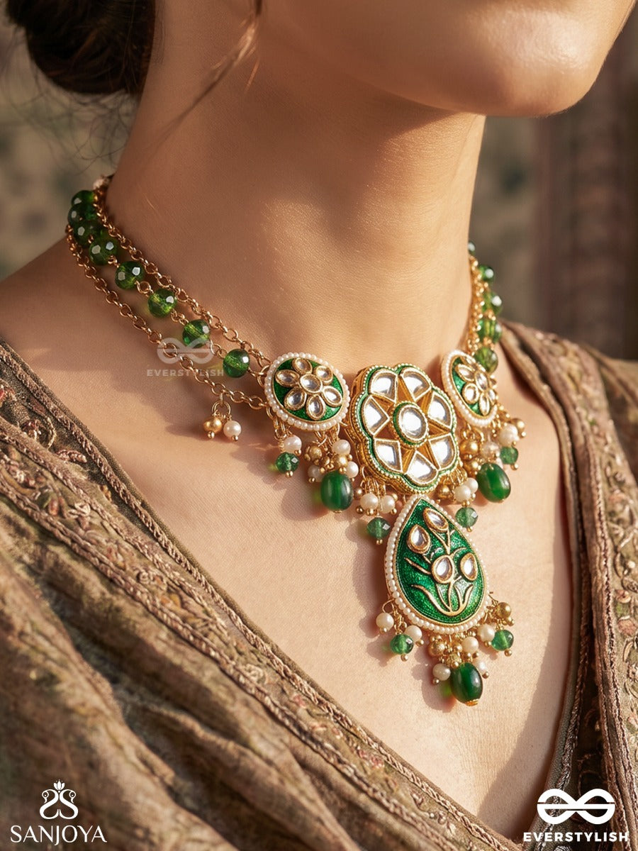 Pannalekha – Emerald Trace – Festive Necklace With Green Stone-Lined Strands, Ornate Round Center Motifs, Dangling Green Bead Accents And Delicate Gold-Tone Chain Detailing
