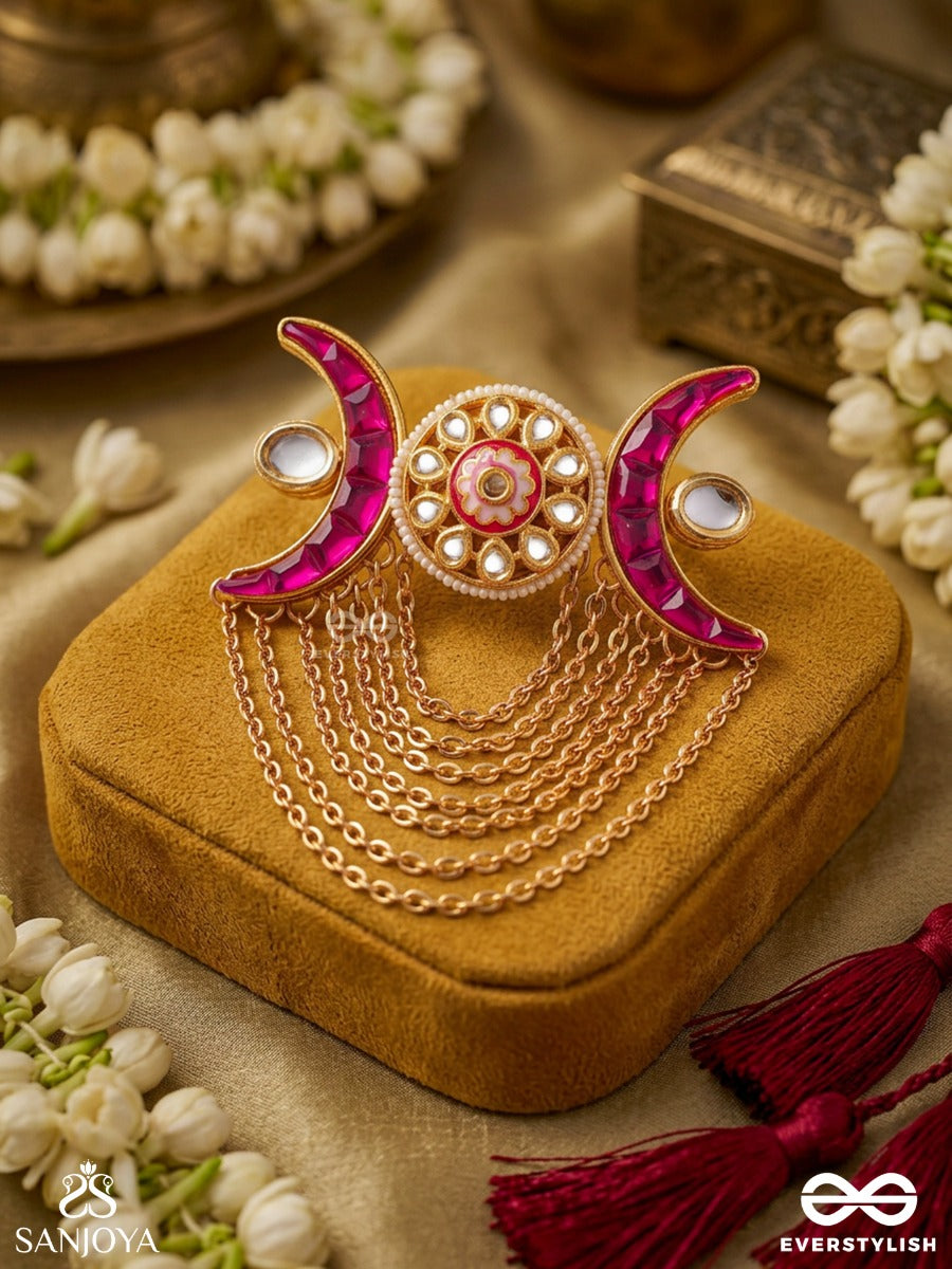 Yaminichand – Night Moon – Ornate Ring With Twin Crescent Motifs, Pink Stonework, Central Floral Detail And Layered Chain Drape