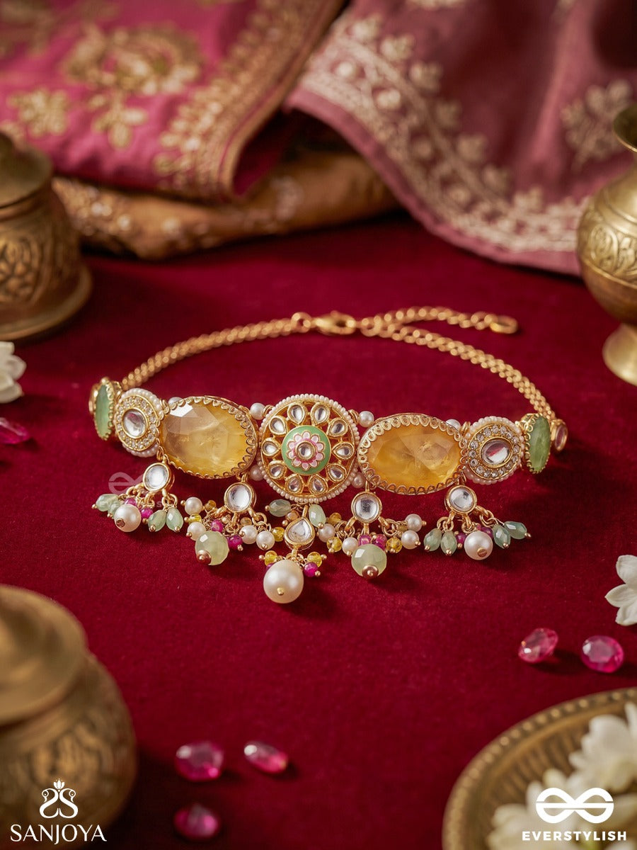 Amralekha – Trace Of Amber – Festive Choker With Amber-Toned Oval Motifs, Green Stone Accents, Pearl Details And Dangling Clusters