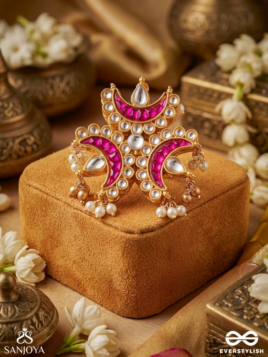 Chandkirti – Lunar Glory – Ornate Ring With Crescent Stonework, Pearl-Like Clusters And Decorative Gold-Tone Finish