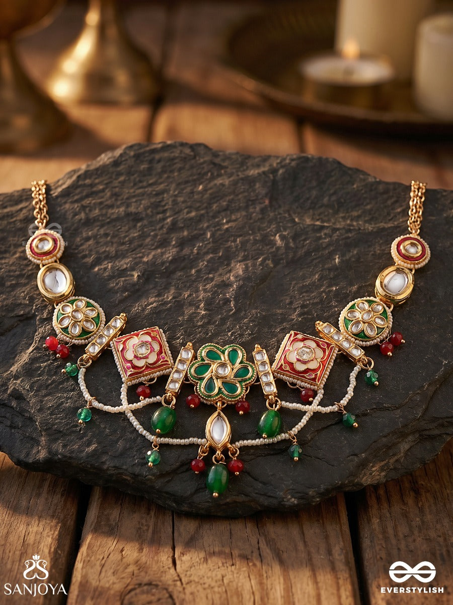 Navrangi – Nine-Hued Grace – Ornate Necklace With Colourful Floral Panels, Mirror-Like Motifs, Green Bead Drops And Delicate Gold-Tone Hangings