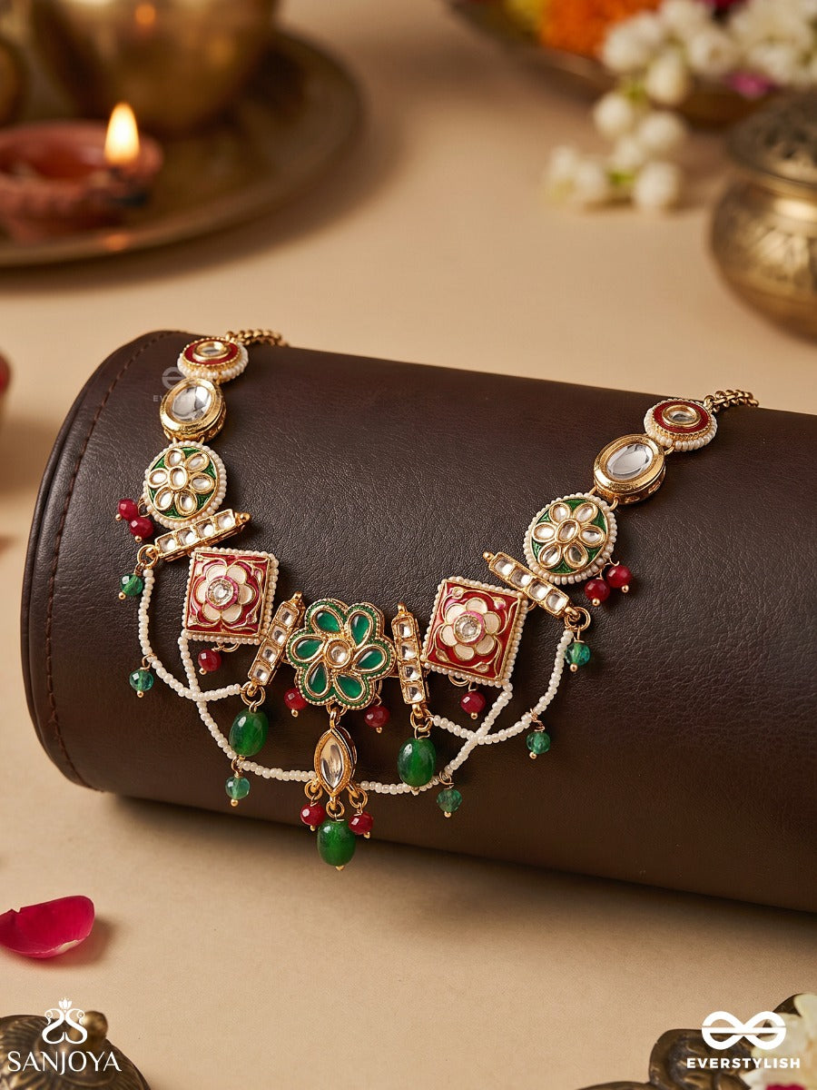 Navrangi – Nine-Hued Grace – Ornate Necklace With Colourful Floral Panels, Mirror-Like Motifs, Green Bead Drops And Delicate Gold-Tone Hangings