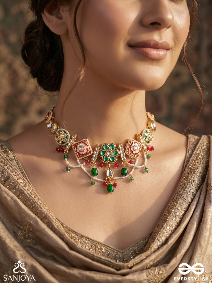 Navrangi – Nine-Hued Grace – Ornate Necklace With Colourful Floral Panels, Mirror-Like Motifs, Green Bead Drops And Delicate Gold-Tone Hangings
