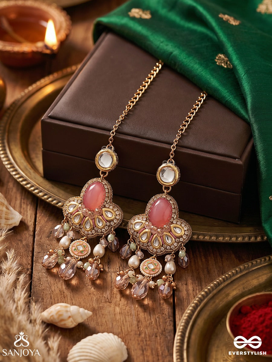 Gulaabika – Rose-Tinted Beauty – Ornate Kaan-Chain Earrings With Pink Center Stone, Circular Top Detail, Pearl Accents And Soft Blush Danglers