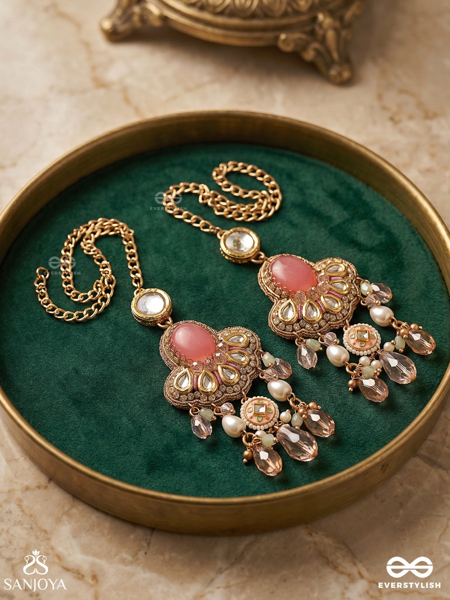 Gulaabika – Rose-Tinted Beauty – Ornate Kaan-Chain Earrings With Pink Center Stone, Circular Top Detail, Pearl Accents And Soft Blush Danglers