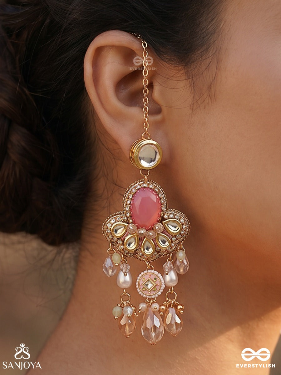 Gulaabika – Rose-Tinted Beauty – Ornate Kaan-Chain Earrings With Pink Center Stone, Circular Top Detail, Pearl Accents And Soft Blush Danglers
