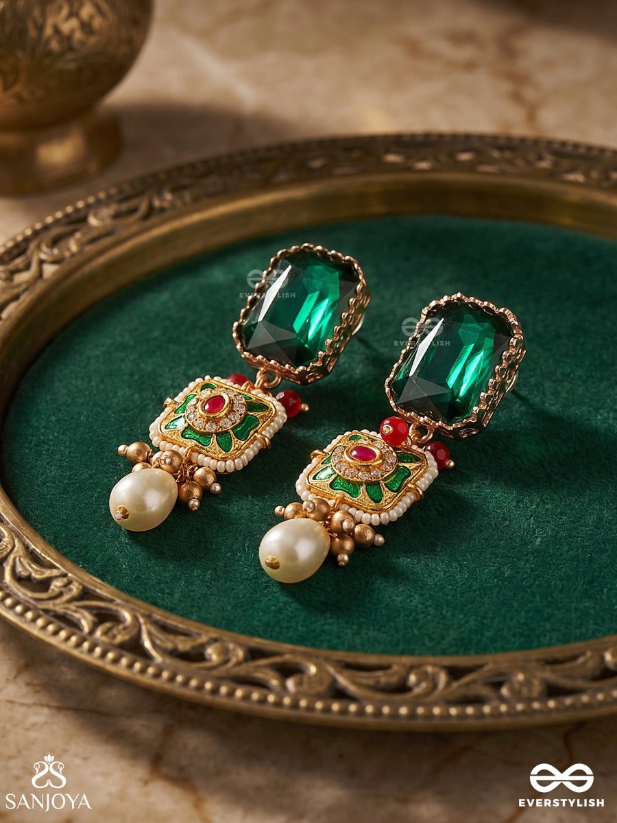 Mehrazia – Radiant Bloom – Ornate Earrings With Green Stone Tops, Floral Center Detail And Elegant Pearl Hangings