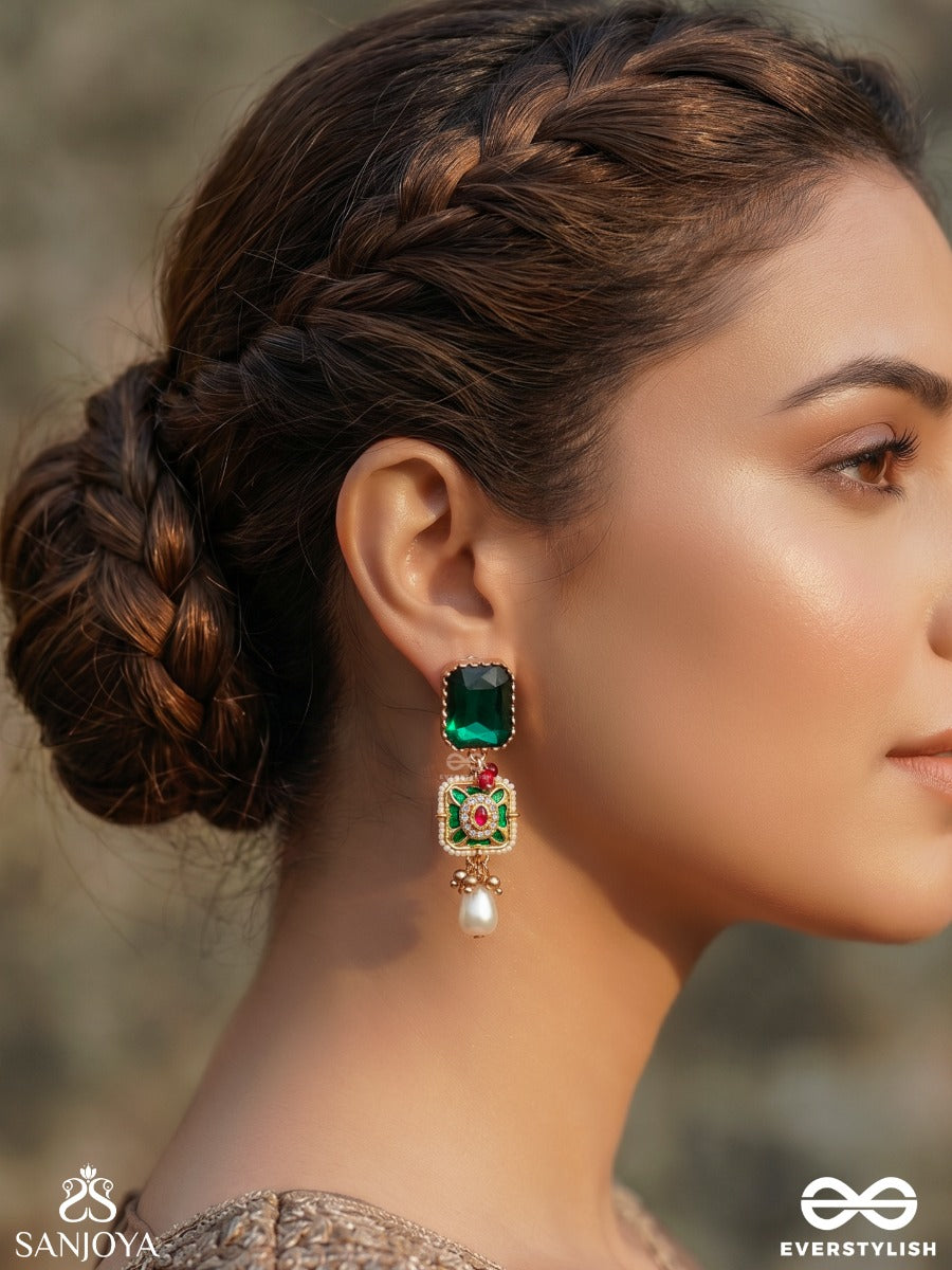 Mehrazia – Radiant Bloom – Ornate Earrings With Green Stone Tops, Floral Center Detail And Elegant Pearl Hangings