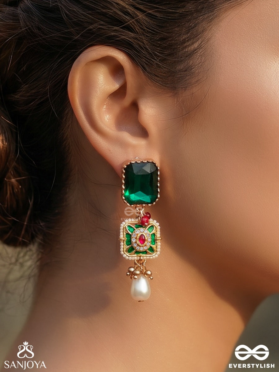 Mehrazia – Radiant Bloom – Ornate Earrings With Green Stone Tops, Floral Center Detail And Elegant Pearl Hangings